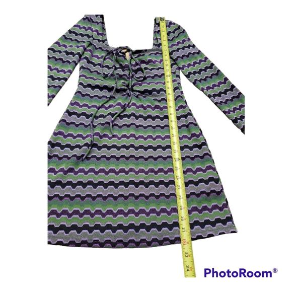 NWT Zara Purple Green Metallic Zig Zag Knit Keyhole Retro Mini Dress Size S - Picture 3 of 10